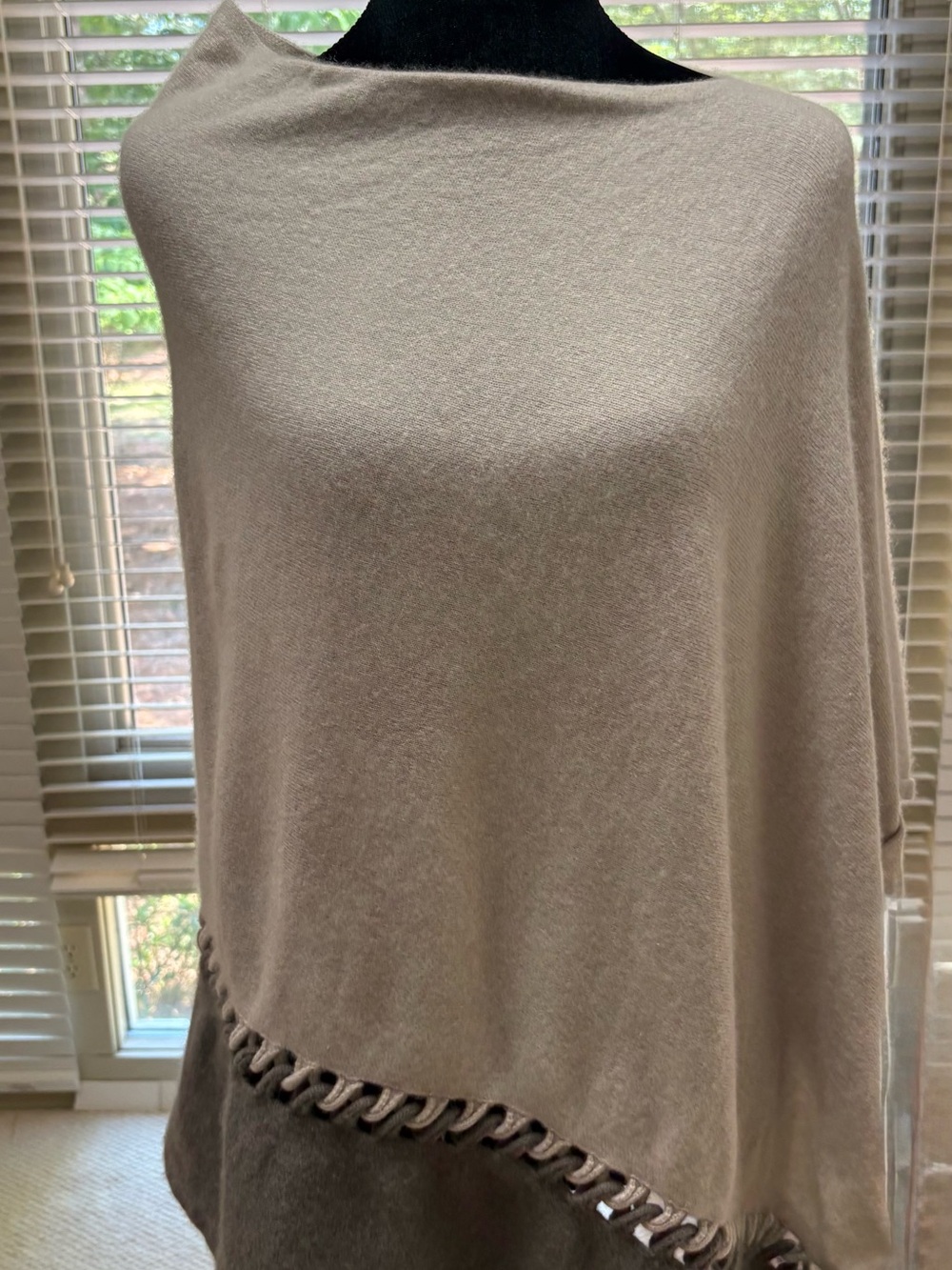 Kinross Taupe cashmere Poncho with Braided Hem